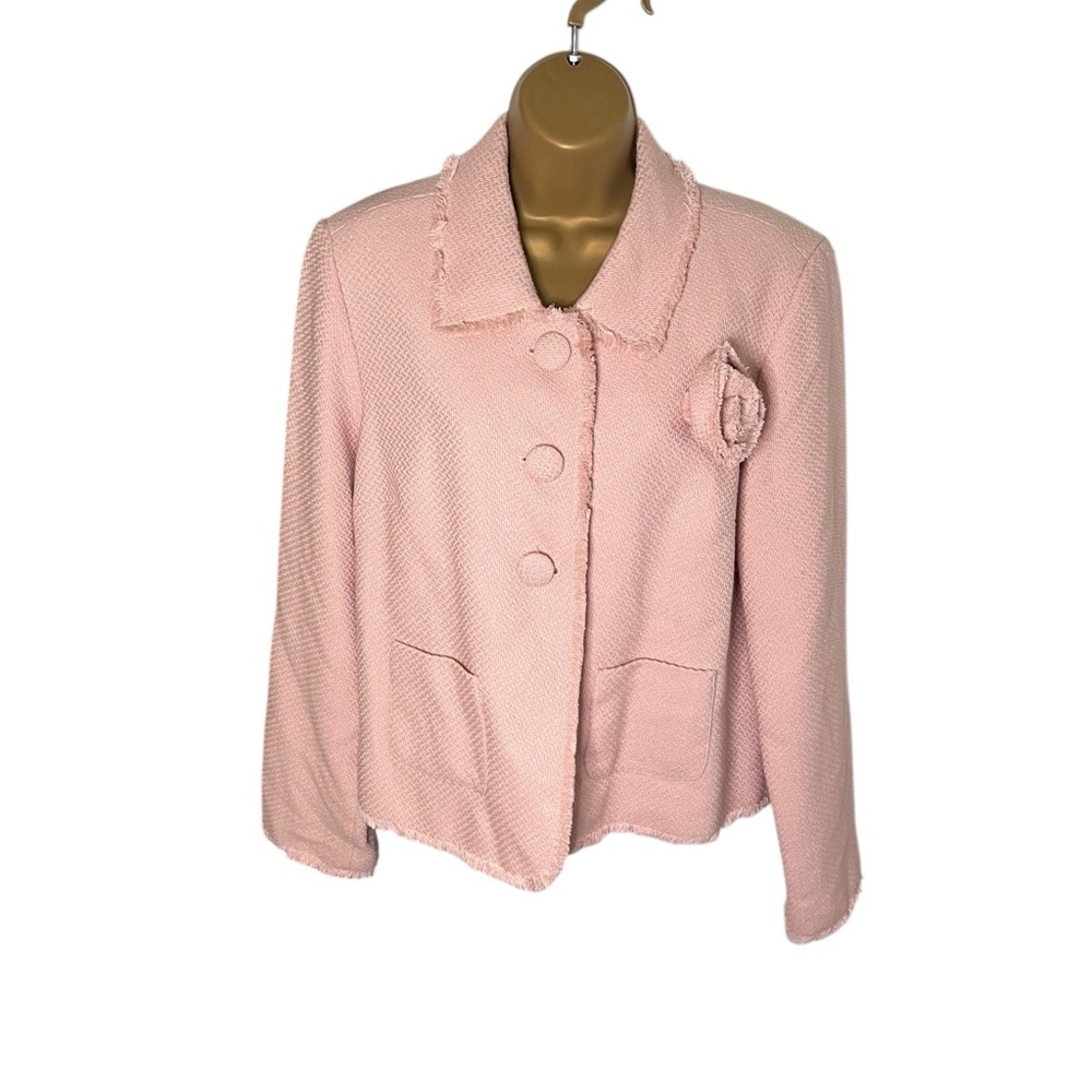 Vintage Y2K Relativity Frayed Weave Cropped Jacket Rosette Detail Pink 16